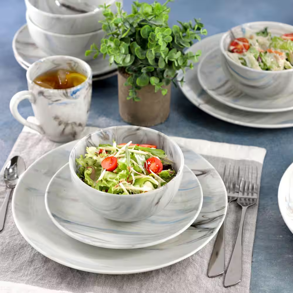 Fine Marble 16-Piece Porcelain Dinnerware Set in Blue and Gray