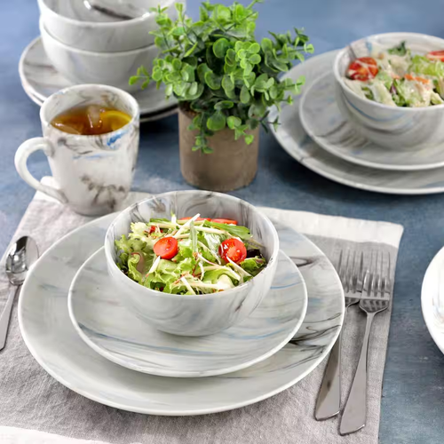 Fine Marble 16-Piece Porcelain Dinnerware Set in Blue and Gray